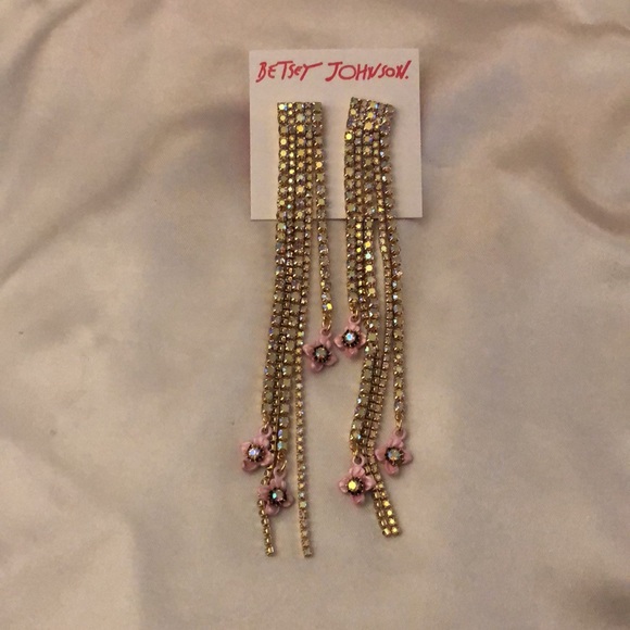 Betsey Johnson Gold Tone Crystal Cup Chain Fringe Drop Earrings Flower Accent - Picture 2 of 11